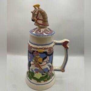 vintage ceramic horse beer stein porcelain hand painted handled mug with lid